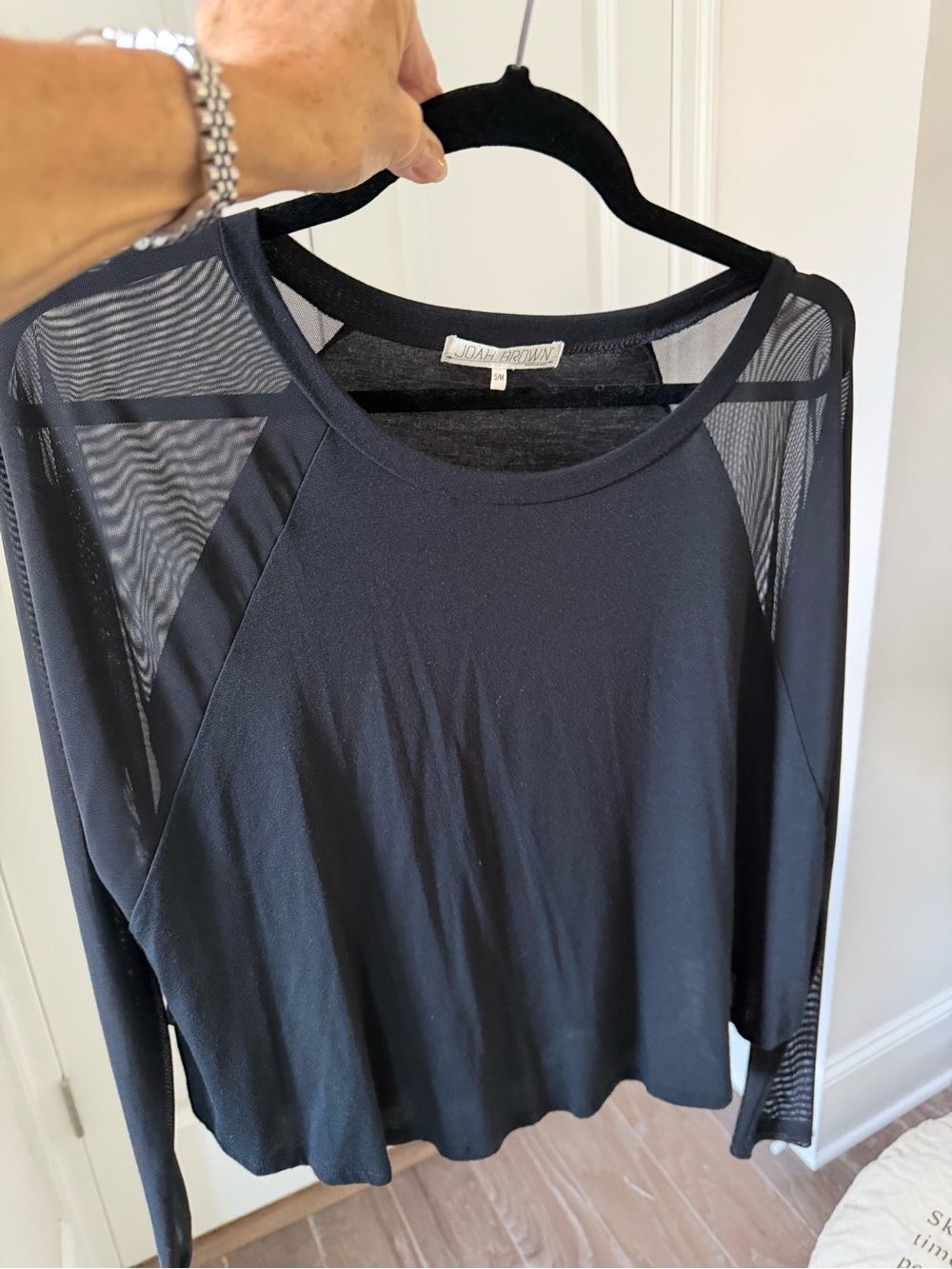EUC Joah Brown Black Long-Sleeve Top with Sheer Mesh Panels